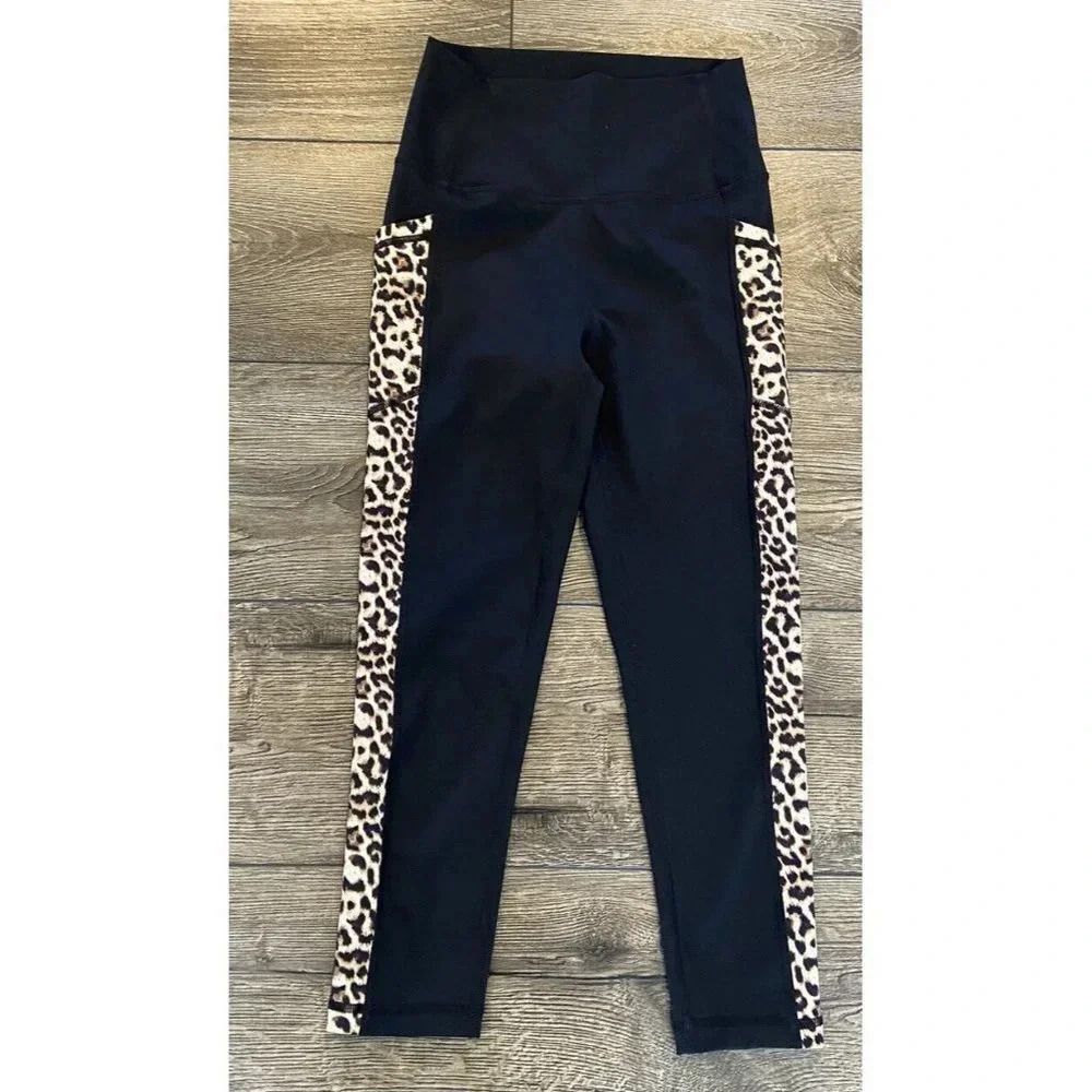 Zyia Active Leggings Black Tan Animal Print Size 2
